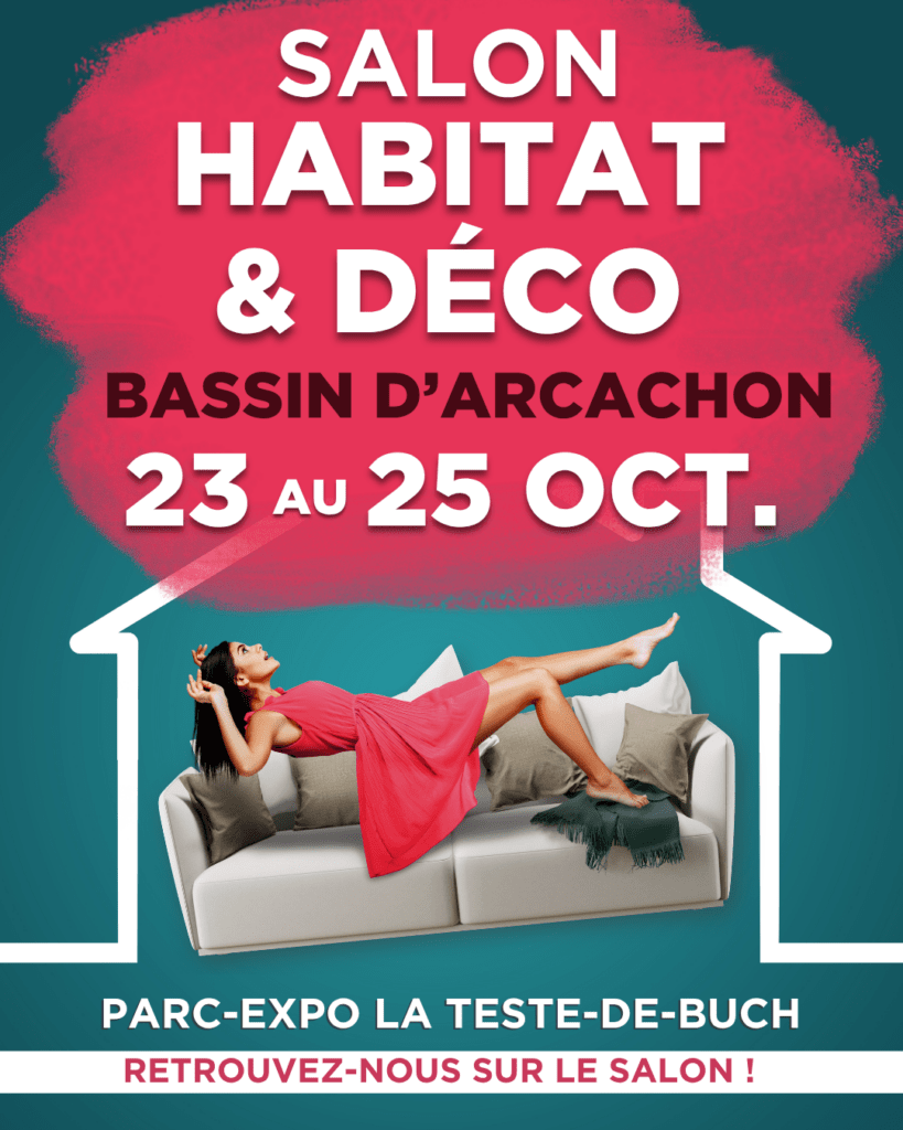 Event poster for Habitat & Déco fair (Bassin d’Arcachon), Oct 23–25; woman in pink dress lounging on a sofa inside a white house outline.